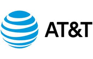 The AT&T logo features a stylized blue globe with horizontal stripes to the left and the text 'AT&T' in bold black font to the right. The logo represents the telecommunications company and is displayed on a white background.