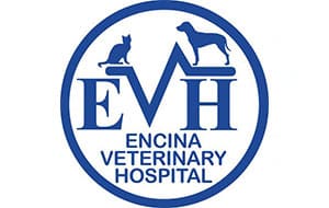 Logo of Encina Veterinary Hospital featuring a silhouette of a cat and dog above the letters "EVH". The design is enclosed in a circular blue outline with the full name of the hospital displayed below in a clear font.