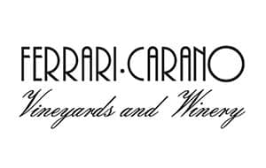 Logo of Ferrari-Carano Vineyards and Winery, featuring the name 'FERRARI-CARANO' in bold, uppercase letters on top, with 'Vineyards and Winery' in a cursive font below it. The text is black against a white background.