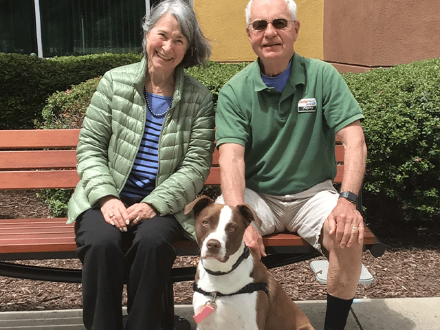 A woman in a green jacket and a man in a green shirt sit on a bench, smiling with a brown and white dog. The background features shrubs and a building. This image celebrates adopted pets.