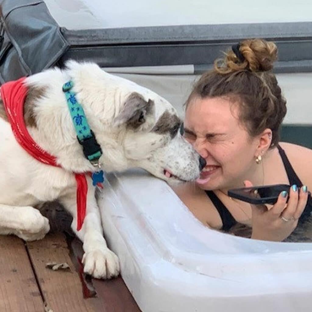 A young woman laughing in a hot tub while a dog with a red bandana playfully licks her face. The woman holds a phone in her hand. The scene captures a lighthearted moment between the adopted pet and its owner.