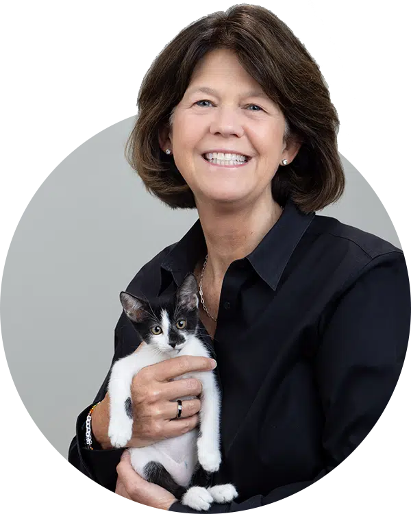 A woman with shoulder-length dark hair wearing a black shirt smiles while holding a black-and-white kitten. The background is neutral, highlighting the Joybound Team member's friendly demeanor and connection with the pet.