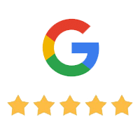 The Google logo accompanied by five yellow stars, indicating a high rating. This image relates to the Joybound Strategic Plan in the context of the Impact Report 2023-2024.