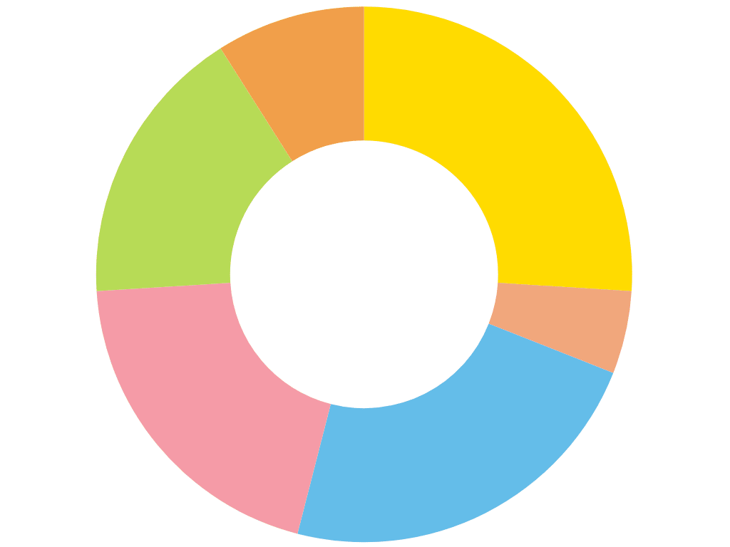 A circular pie chart divided into six segments with different colors: green, yellow, orange, pink, blue, and light blue. This chart visually represents data relevant to the Joybound Strategic Plan, as featured in the Impact Report 2023-2024.