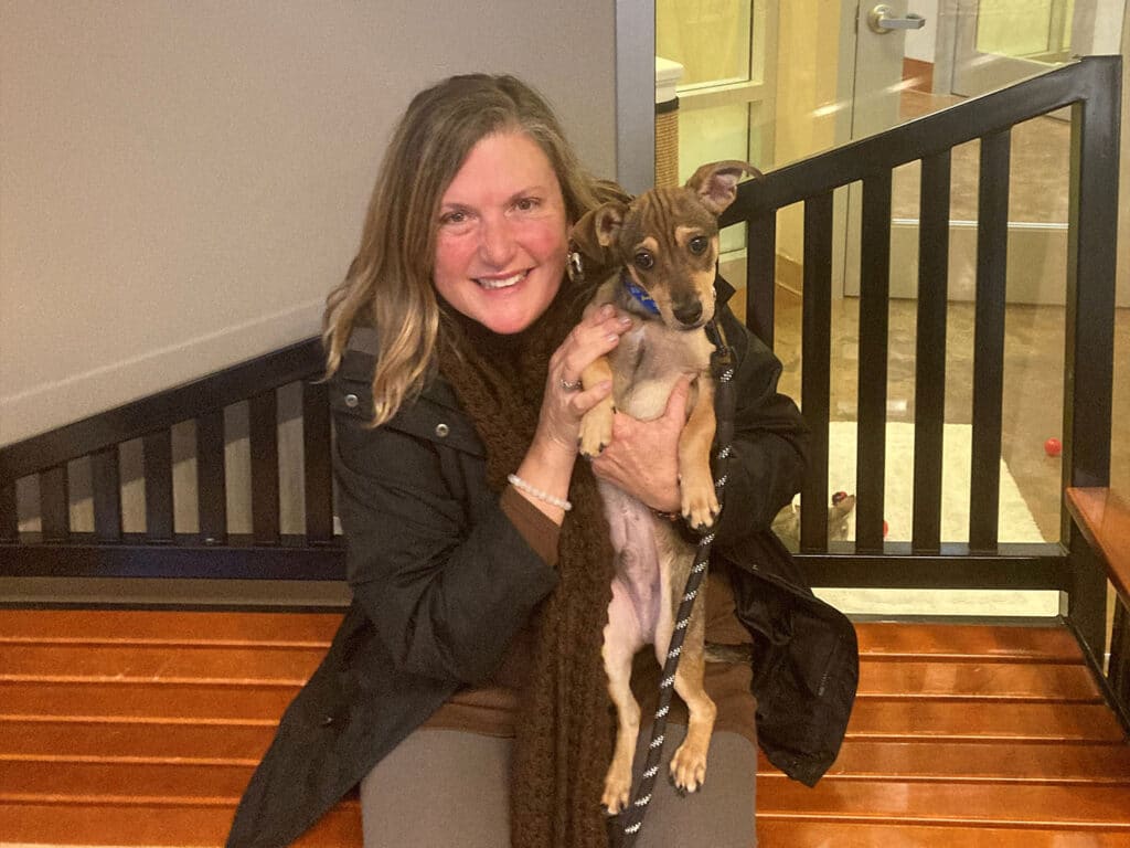A woman holding a small dog in her arms while sitting on a wooden bench. She has long hair and is wearing a black coat and scarf. The setting appears to be indoors, with bright lighting and a staircase in the background. This image highlights the theme of adoption.