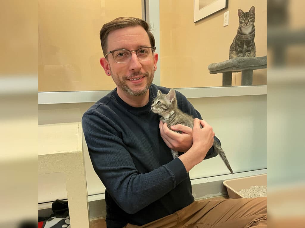 A man with glasses holding a small gray kitten in his arms while sitting on the floor in a bright room. A cat is visible on a shelf in the background. This image illustrates the joy of pet adoption.