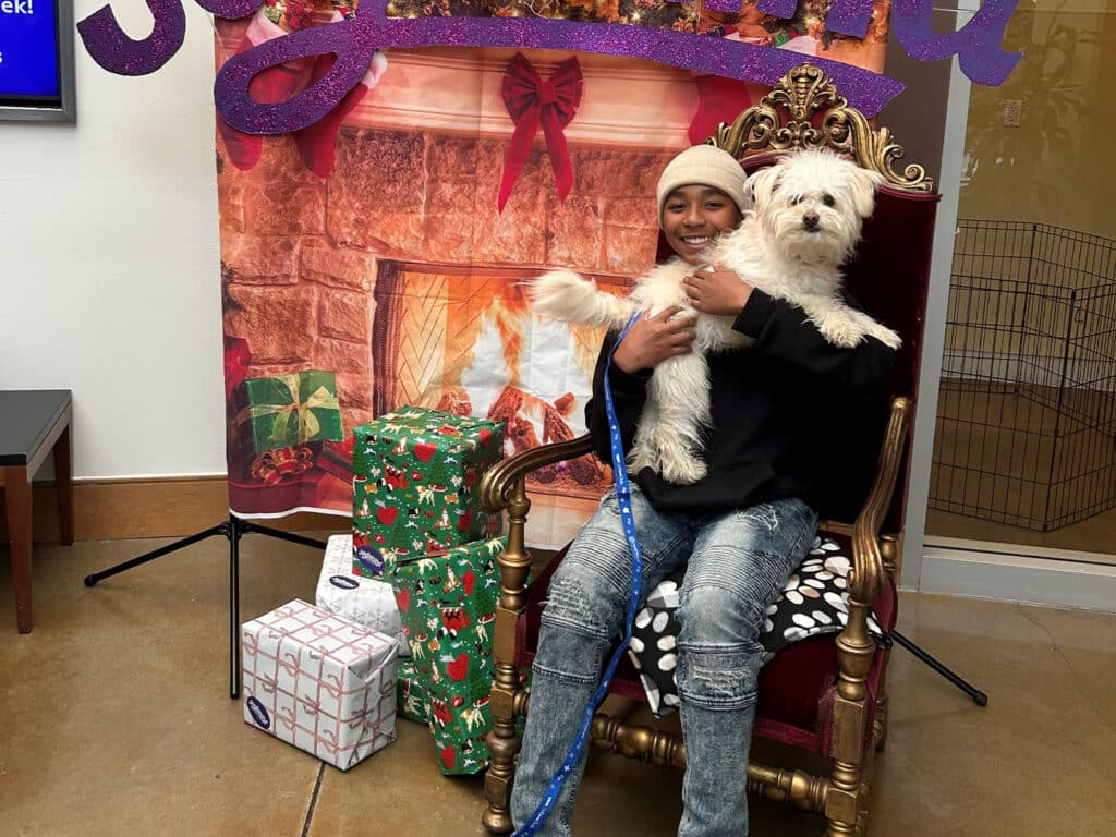 A child sitting on a throne-like chair holding a small white dog, with colorful gift boxes beside them. Behind is a festive backdrop featuring a fireplace and holiday decorations. This scene represents the joy of pet adoption during the holiday season.