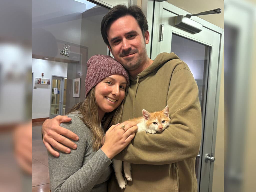 A man and woman stand together inside an animal shelter, smiling as they hold an orange-and-white kitten. The woman wears a gray sweater and a purple beanie, while the man is in a beige hoodie. The image highlights a recent adoption event.