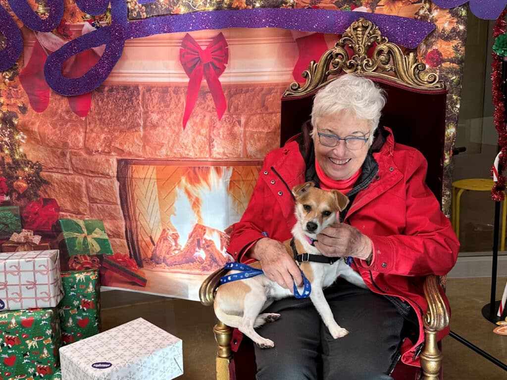 An elderly woman in a red coat sits on a throne-like chair holding a small dog. Behind her is a festive backdrop with a fireplace and holiday decorations, including wrapped gifts. The scene highlights themes of adoption and holiday cheer.