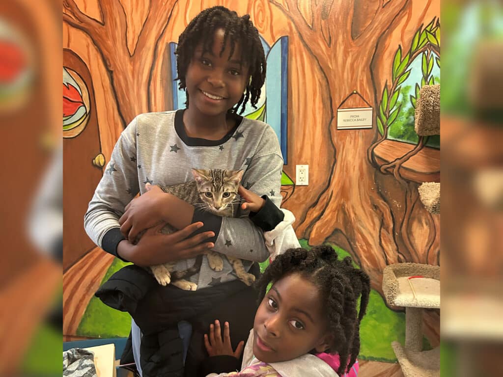 Two children inside an animal shelter. One child, wearing a gray sweater, holds a kitten, smiling at the camera. The other child, sitting beside her, looks up with a gentle expression. Colorful murals decorate the walls, enhancing the warm atmosphere of adoption.