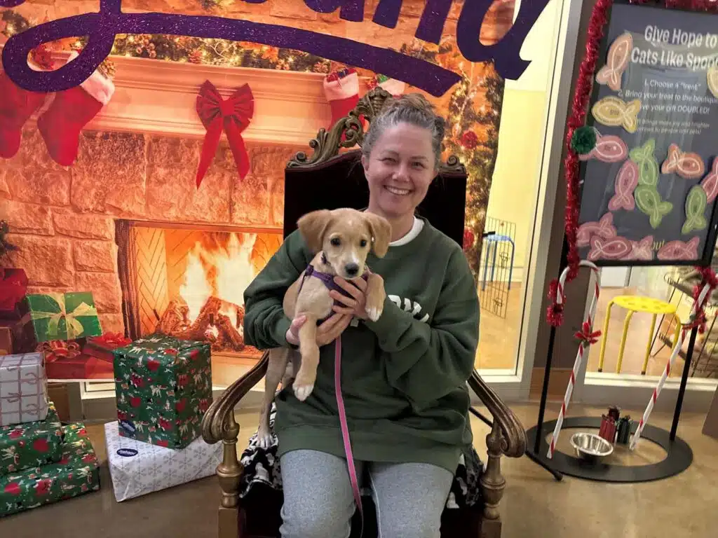 A woman in a green sweatshirt is seated on a festive throne, holding a small dog. The background features holiday decorations, including a fireplace and wrapped gifts, indicating a seasonal theme related to adoption.