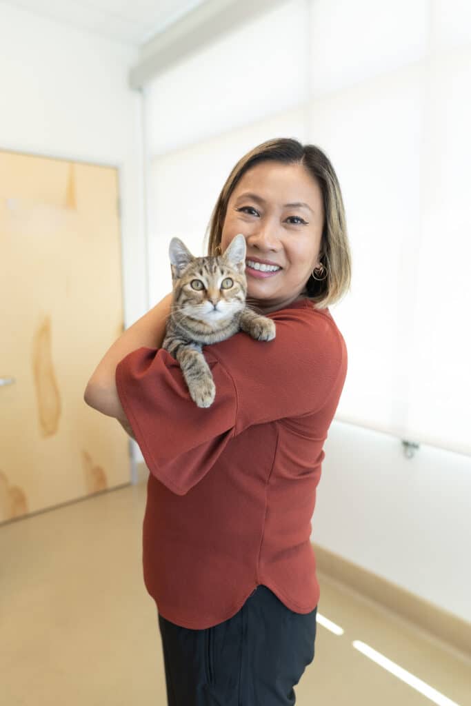 A woman holding a gray tabby cat in her arms, smiling at the camera. She is wearing a rust-colored top and standing in a bright room with soft, natural light. The background includes a wooden door and large windows.