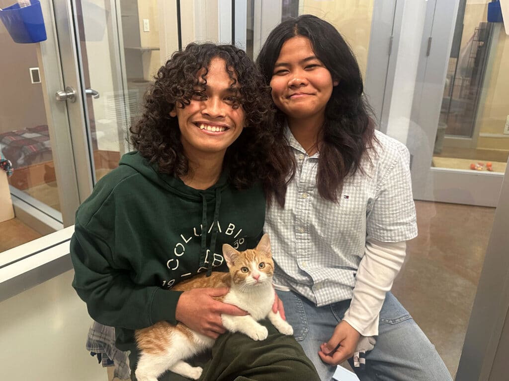 Two individuals are smiling while sitting together in an animal adoption center. One person holds a small orange and white kitten on their lap. Bright surroundings indicate a welcoming atmosphere, reflecting a recent adoption.