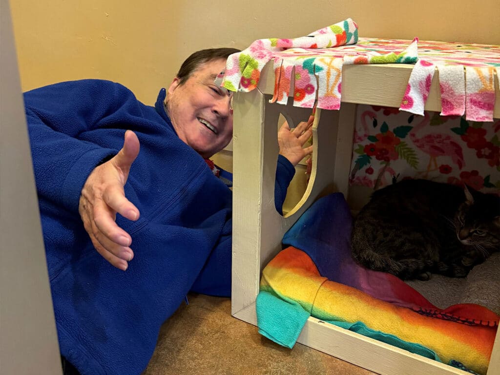 A man in a blue fleece jacket lays on the floor beside a small pet shelter. He is reaching inside, while a cat rests on a colorful blanket inside the shelter. This scene highlights the warmth of adoption efforts.
