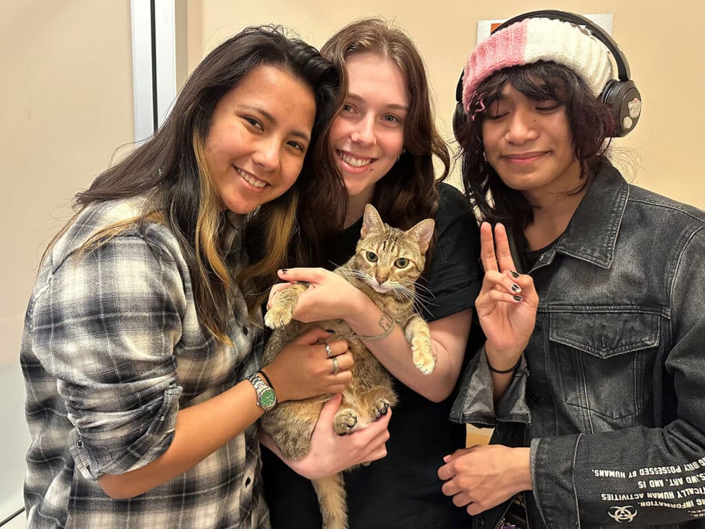 Three individuals smiling while holding a cat. Two women are on the left and center, with the cat cradled in the center woman's arms. A man on the right is making a peace sign. The background is a light, neutral color, suitable for an adoption event.