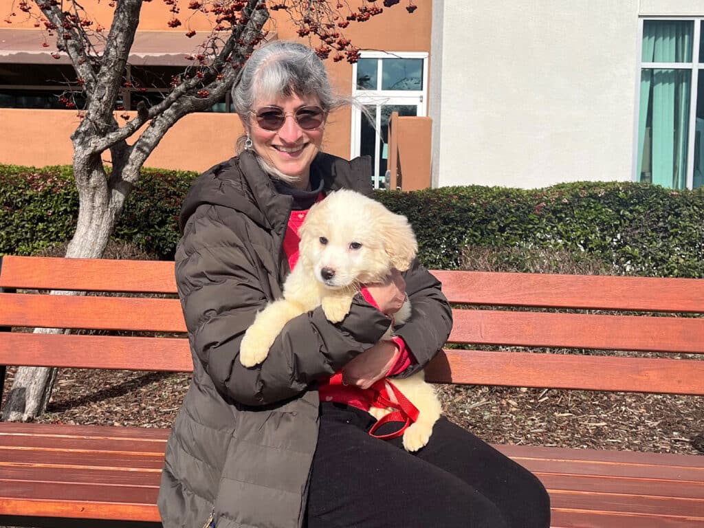 A woman with gray hair wearing glasses sits on a wooden bench, holding a small, fluffy golden puppy in her arms. They are outdoors with trees and a building in the background. The image highlights the theme of pet adoption.