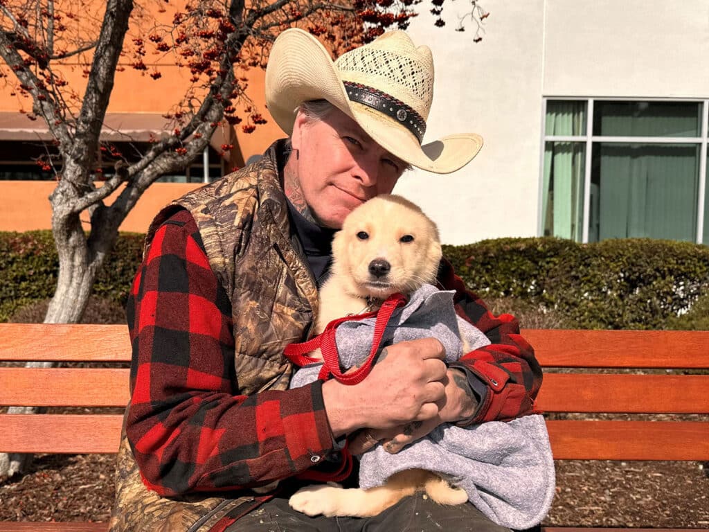 A man wearing a cowboy hat and a plaid jacket sits on a bench holding a small golden retriever puppy wrapped in a gray blanket. The background features blurred greenery and trees, illustrating a sunny day.