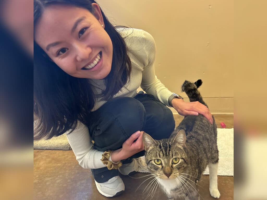 A woman crouches down smiling beside a gray striped cat in a room with neutral walls. The woman wears a white sweater and black pants, gently petting the cat, which stands calmly beside her. The image highlights a moment of adoption.