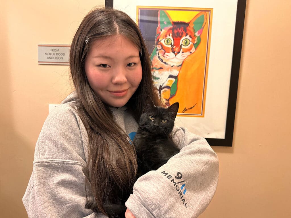 A young girl with long, dark hair holds a black cat in her arms, smiling at the camera. Behind her, a colorful cat portrait is framed on the wall. The setting appears to be related to animal adoption, highlighting a recent adoption.