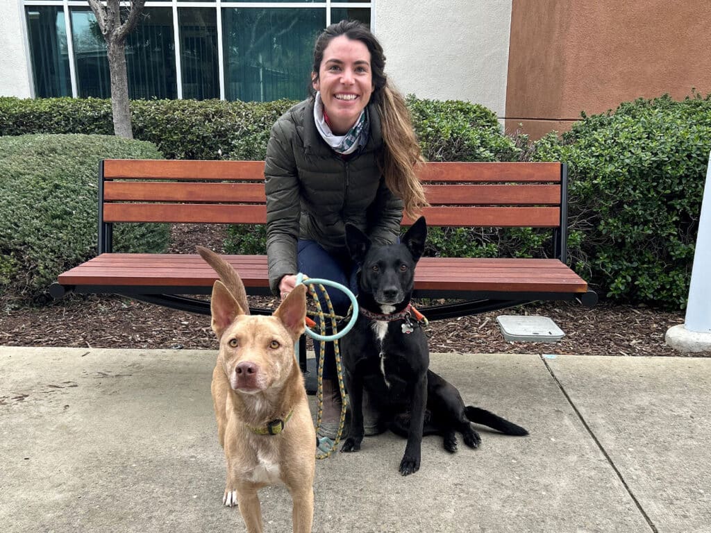 A woman with long brown hair is smiling while sitting on a bench outdoors, holding a leash attached to a light brown dog with floppy ears. Next to her sits a black dog, both animals appear calm and attentive, against a backdrop of green shrubs.