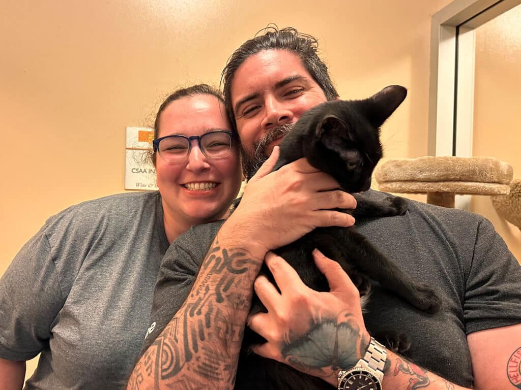 A man and woman smile while holding a black cat in a pet adoption center. The woman wears glasses and a gray shirt, while the man has tattoos on his arm. A cat tree is visible in the background, emphasizing the adoption theme.