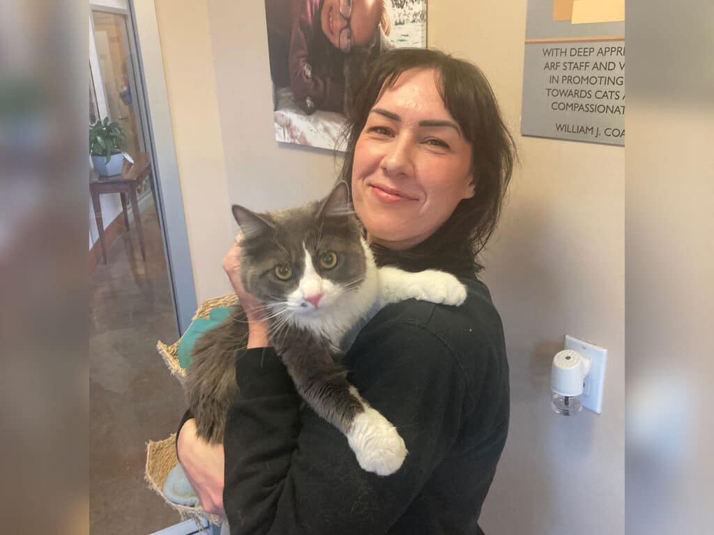 A woman with dark hair smiles while holding a gray and white cat in her arms. The setting appears to be a shelter or adoption center, with soft lighting and a welcoming atmosphere.