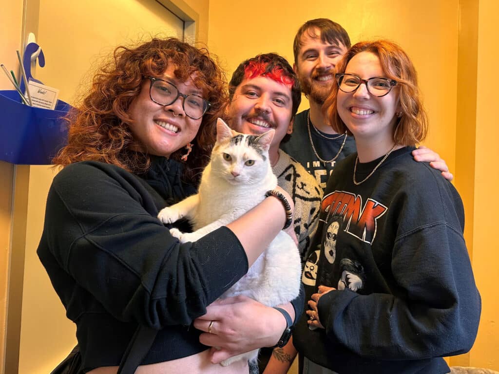A group of four people smiling while holding a white cat in a well-lit room with yellow walls. The individuals are dressed casually, with one person prominently embracing the cat, enhancing the theme of adoption.