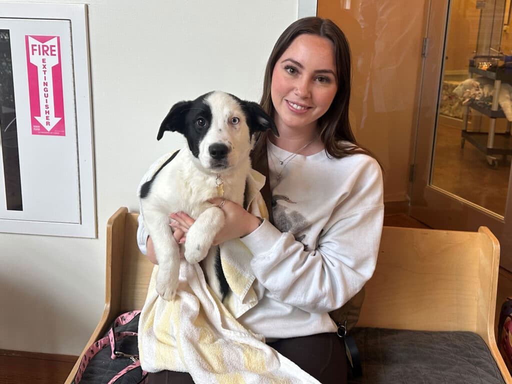 A young woman holding a black and white puppy wrapped in a towel while sitting on a bench inside a building. The woman wears a light gray sweater and smiles at the camera. A fire safety sign is visible in the background. Adoption is a central theme.