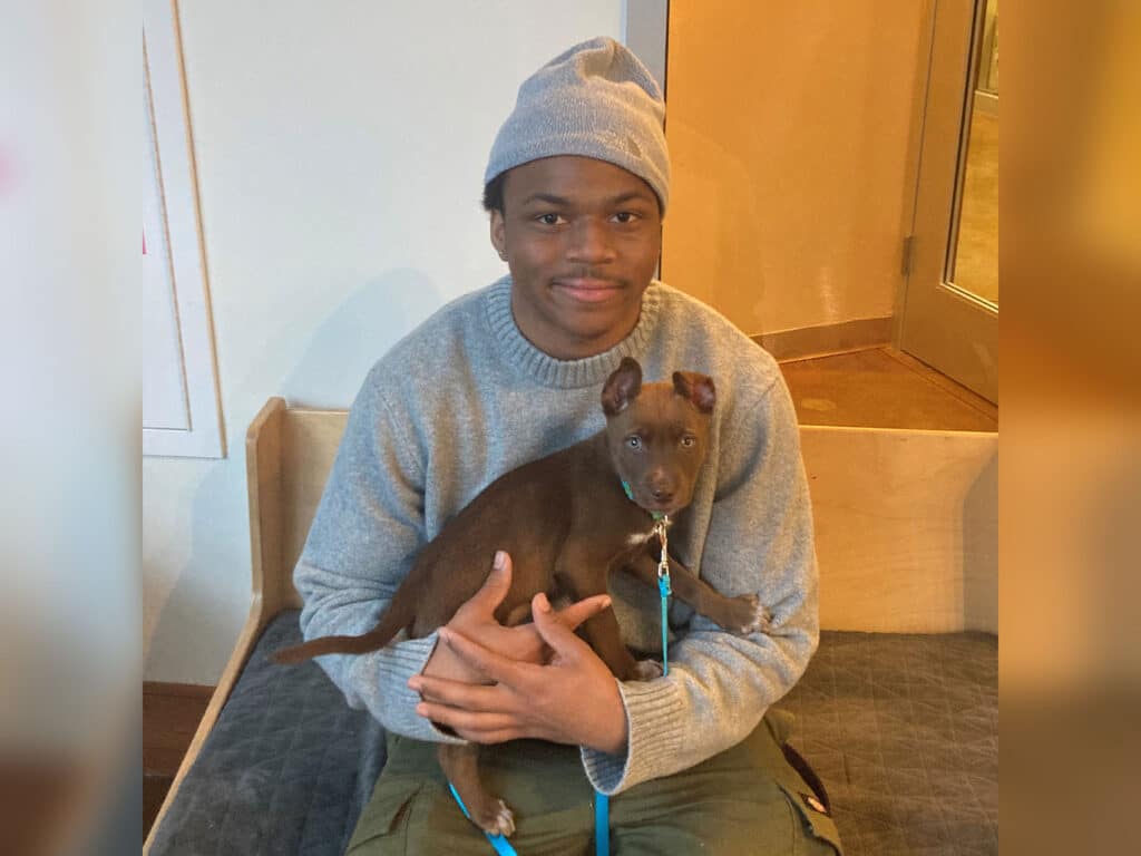 A young man wearing a gray sweater and a beanie holds a small brown dog in his arms. They sit together on a cushioned bench in a bright room, highlighting a moment of companionship that reflects the theme of adoption.