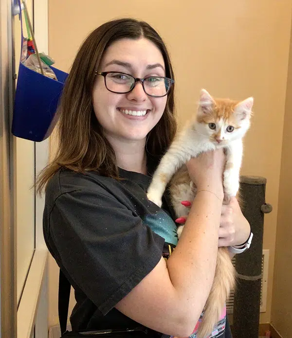 A woman with glasses smiles while holding an orange and white kitten in a pet adoption center. The background shows a pet tree and a blue container, indicating a welcoming environment for animal adoption.