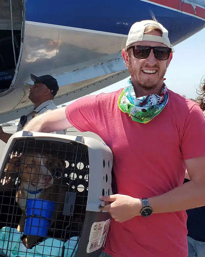A man wearing a red shirt and sunglasses stands beside an airplane, holding a dog crate. Inside the crate sits a brown dog with a blue water bowl. The scene illustrates the importance of animal rescue donations to support animal transportation.