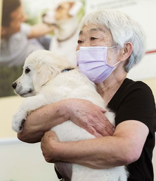 An older woman wearing a mask is holding a fluffy golden retriever puppy in her arms. The background shows a blurred image of another person interacting with a dog, indicating a supportive environment for volunteers and animal care.