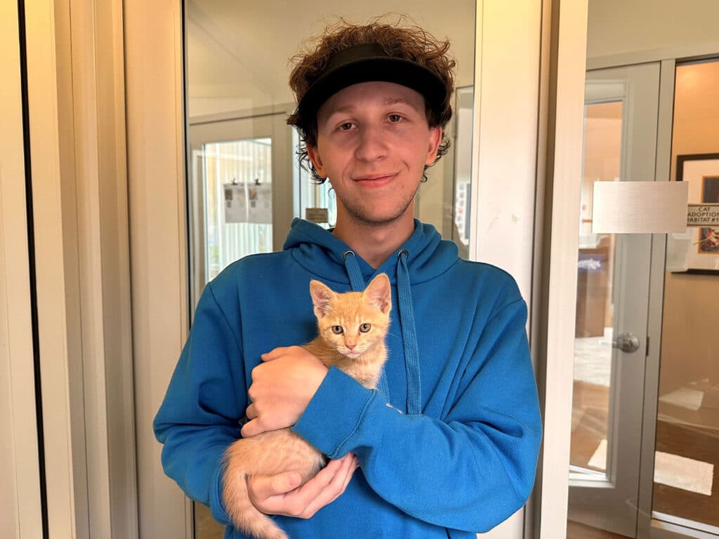 A young man wearing a blue hoodie and a visor holds a small orange kitten in his arms, standing in a doorway with glass panels. The setting appears to be a pet adoption center.