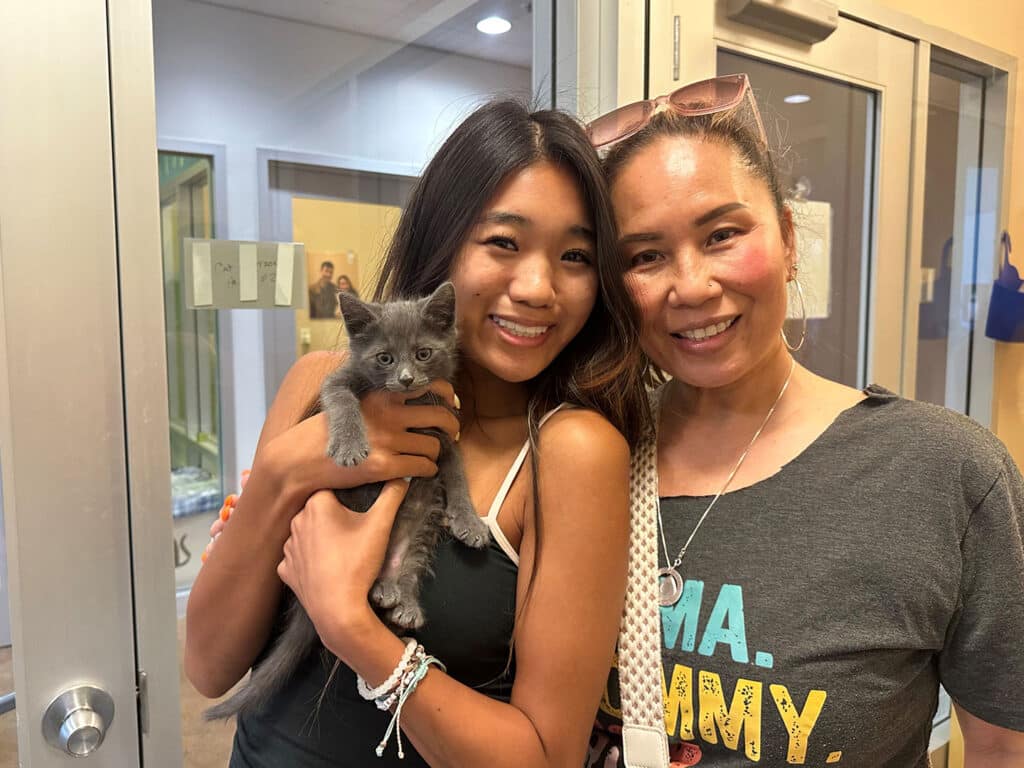 A young woman holding a gray kitten stands next to another woman, both smiling in a brightly lit room. The young woman wears a black tank top, while the other wears a gray T-shirt. The image relates to Adoption.