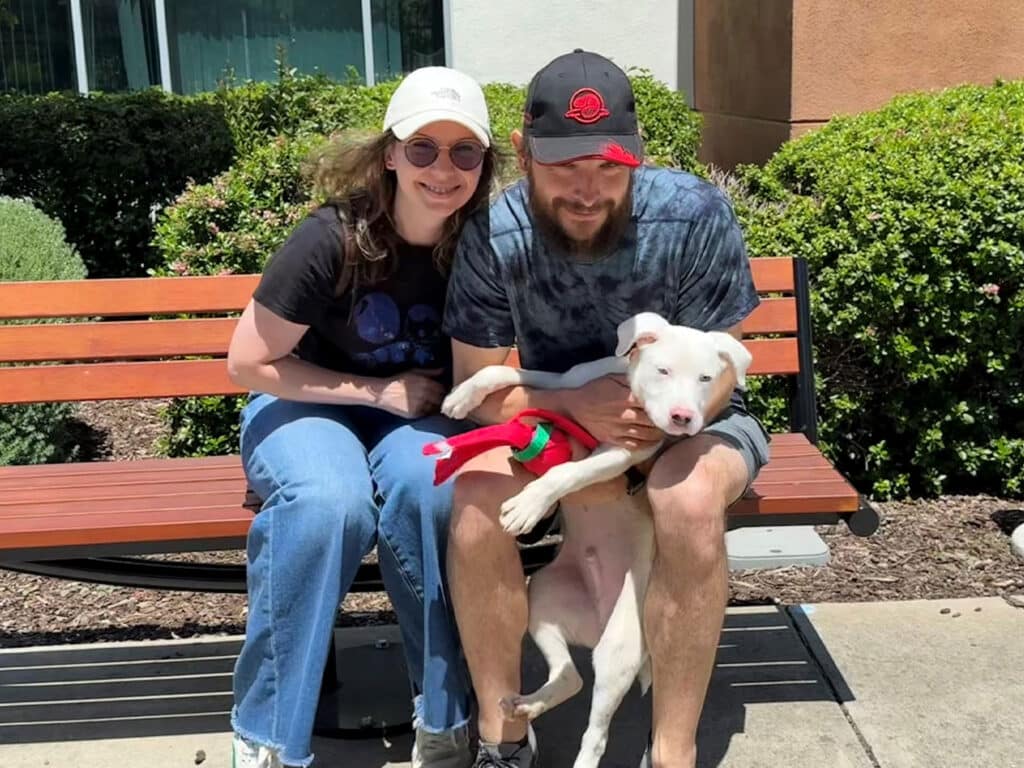 A woman wearing a white cap and a black shirt sits on a bench next to a man in a red cap and patterned shirt. They both hold a small, white puppy with a red harness, smiling at the camera. Surrounding greenery is visible in the background, indicating a park setting.