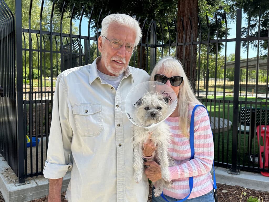 A man and a woman stand outside a fenced area, holding a small dog wearing an Elizabethan collar. The man has gray hair and glasses, wearing a light shirt, while the woman has long hair and sunglasses, dressed in a pink and blue striped top. This image relates to dog adoption.