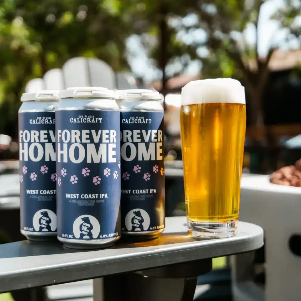 Three cans of Calicraft Brewing's "Forever Home" West Coast IPA, featuring a floral design, are positioned next to a glass of pale beer on a table. The background shows blurred greenery, indicating an outdoor setting.
