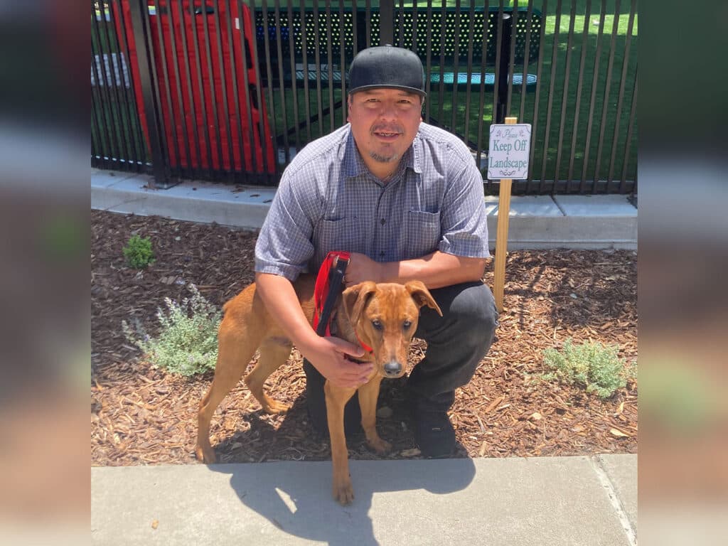A man in a gray plaid shirt kneels beside a brown dog with a red harness in a landscaped area. A sign in the background reads "Keep Off." The scene highlights a moment related to adoption.
