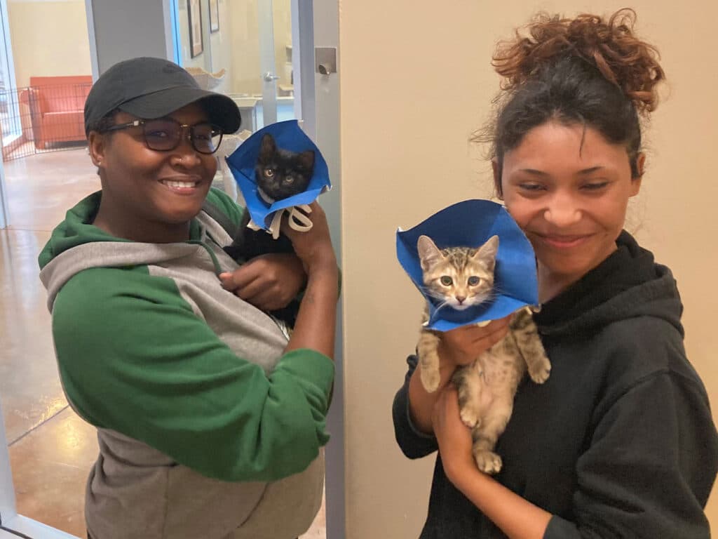 Two women holding cats wearing protective cones. One woman has a black cat, while the other holds a gray tabby. They are smiling and stand indoors, likely in a shelter setting, highlighting a moment related to Adoption.