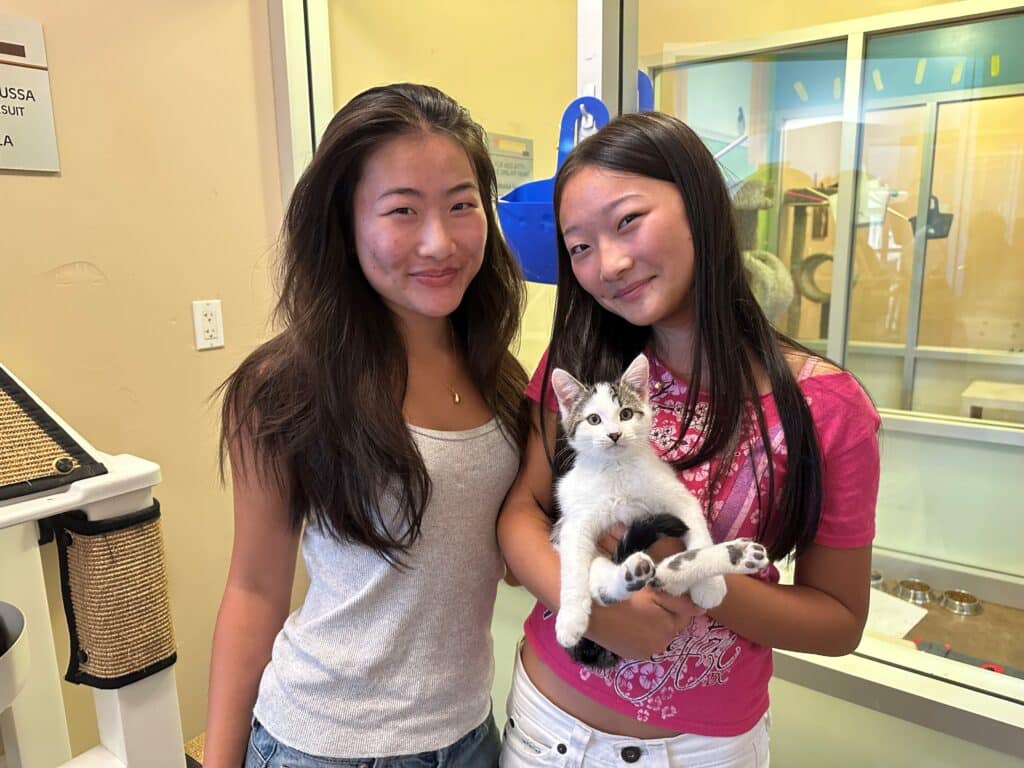Two young girls smile while holding a white and gray kitten, standing inside an animal shelter. The background shows a play area for cats with various toys and structures.