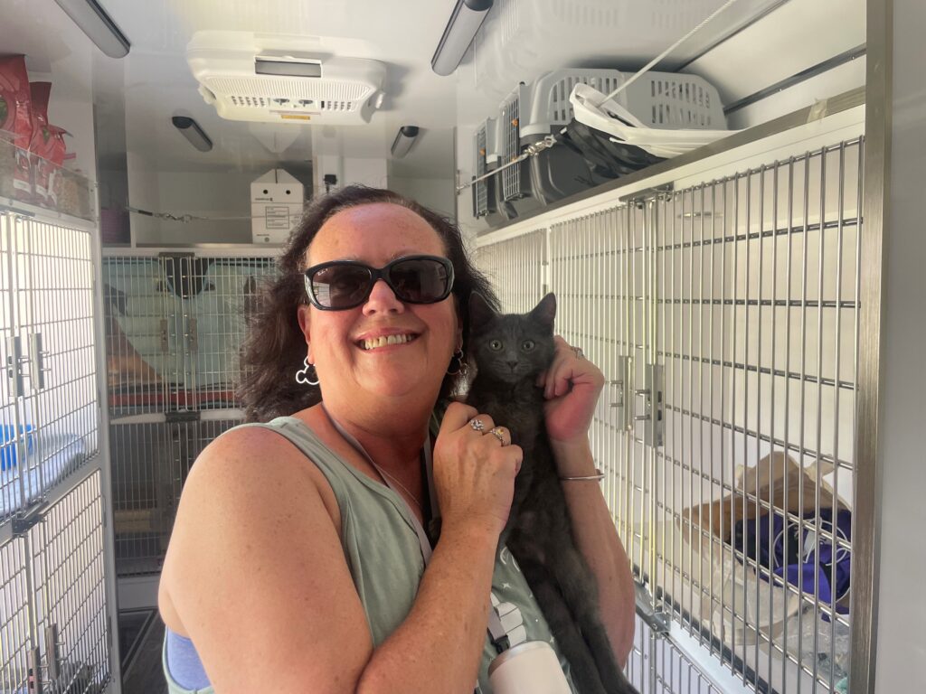 A woman wearing sunglasses smiles as she holds a gray kitten in her arms inside a mobile adoption unit. Shelves line the walls with pet carriers visible, indicating an animal adoption event.
