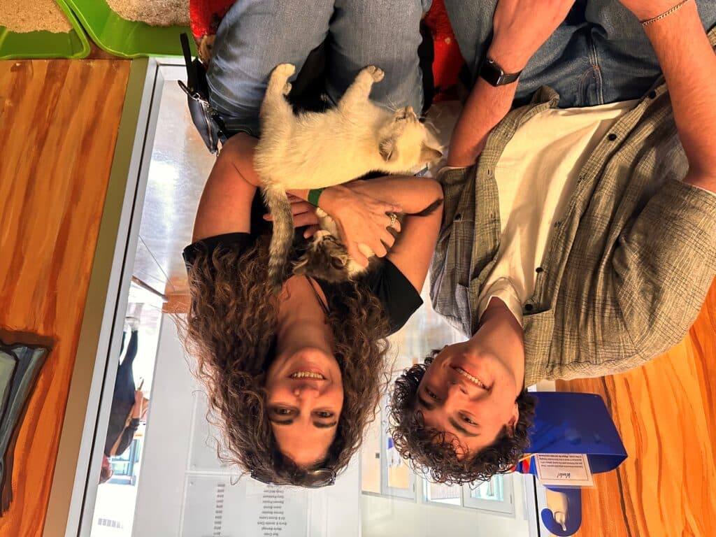 A woman and a man sit together, both smiling while holding a kitten. The woman has curly hair and wears a black shirt, while the man wears a gray jacket over a white shirt. They are in a colorful room with soft furnishings.