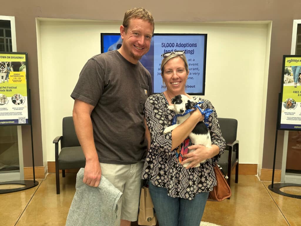 A couple, a man and a woman, stands together in a lobby holding a small black and white kitten. The woman smiles while cradling the kitten. Behind them are informational posters about pet adoptions, highlighting 'Adoptions at Joybound'.