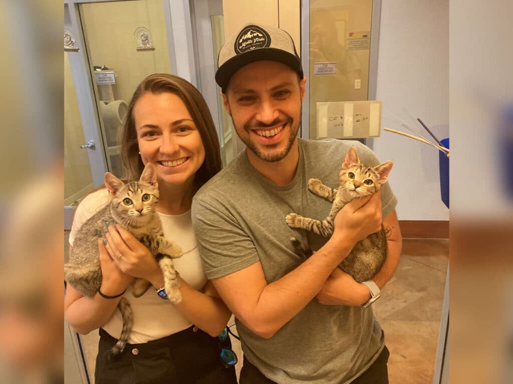 A woman and a man smile while holding two kittens in an adoption center. The woman has long brown hair and wears a white top, while the man in a gray t-shirt and cap displays a kitten. The setting is bright and reflects a welcoming atmosphere for pet adoptions at Joybound.