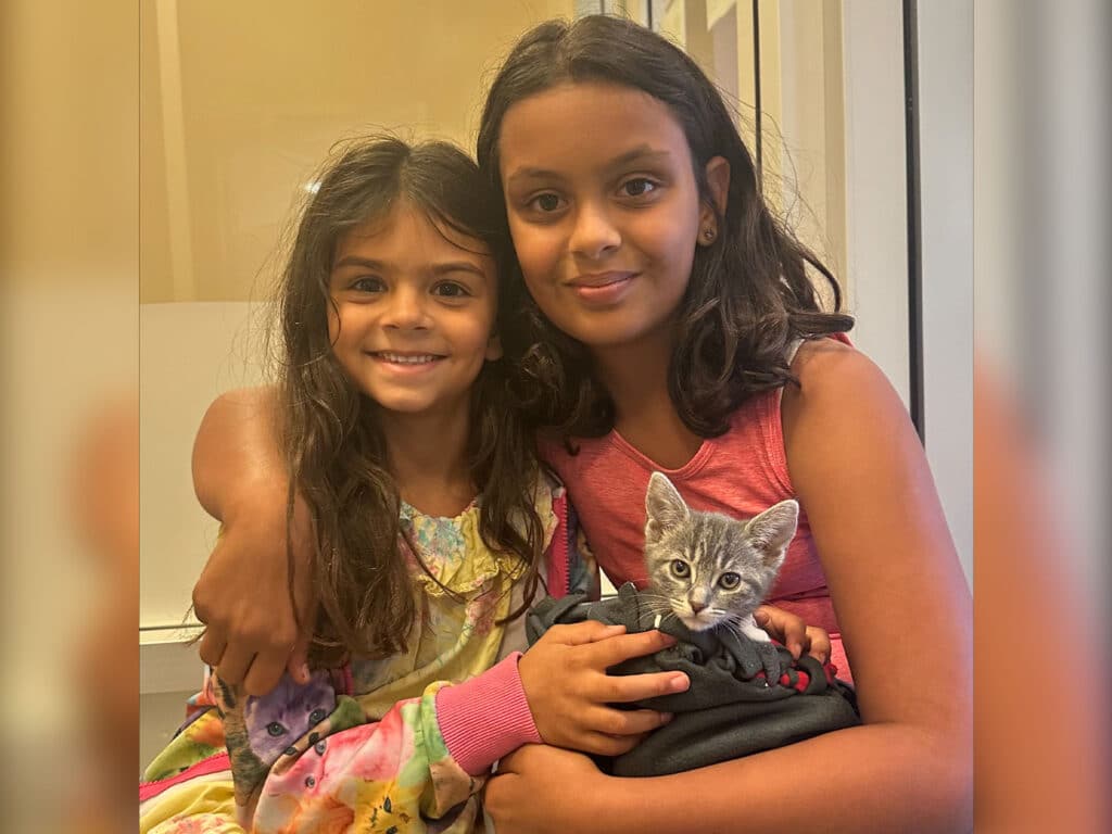 Two girls sitting together, smiling and holding a small gray kitten. The girl on the left wears a colorful pajama top, while the girl on the right has a pink shirt. They are in a bright indoor setting, symbolizing joy in pet adoptions at Joybound.