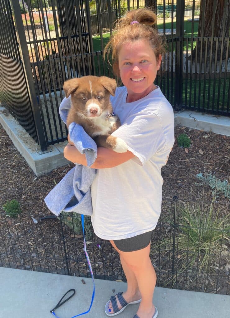 A woman wearing a white t-shirt and shorts holds a small brown and white puppy wrapped in a blue towel. They are standing in an outdoor area with a fenced background. The image relates to adoptions at Joybound.
