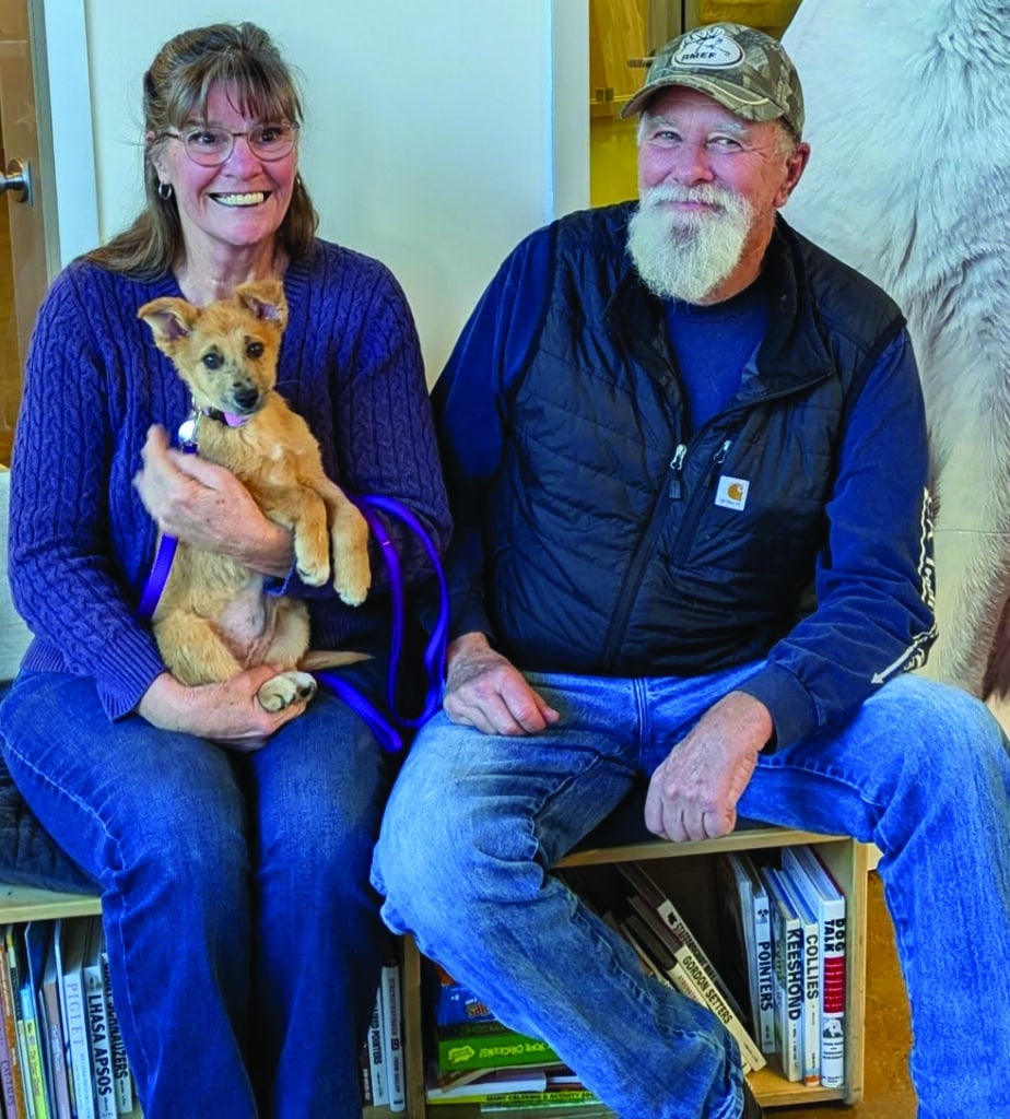 A woman and a man are sitting side by side on a low bookshelf. The woman holds a small tan puppy in her lap, smiling broadly. The man has a white beard and is wearing a dark vest and a cap, looking towards the camera.