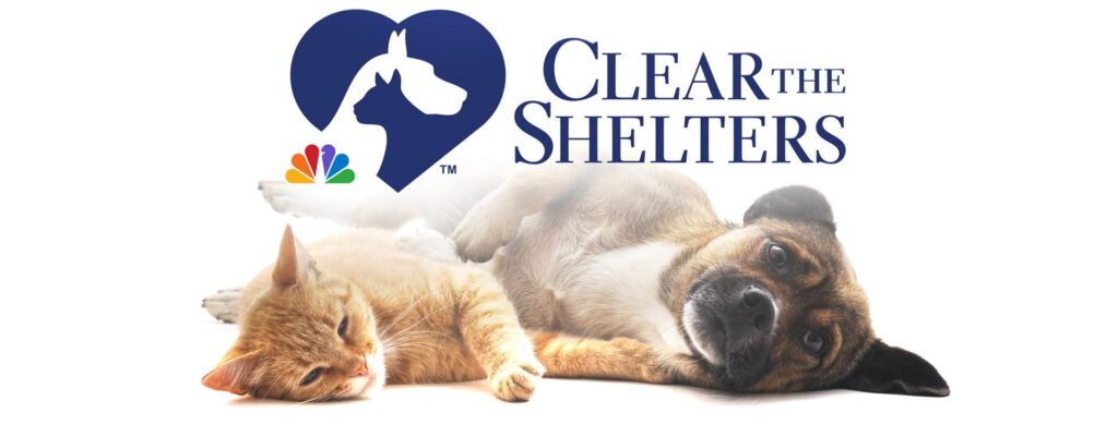 A graphic featuring a dog and cat lying next to each other with the text 'CLEAR the SHELTERS' above. The NBC logo is present in the corner. This image highlights the campaign for pet adoption and donation, relevant to outreach by the Chief Advancement Officer.