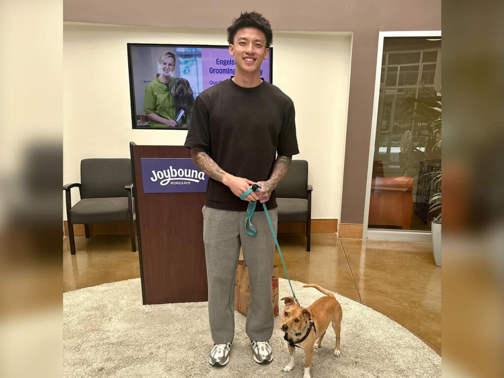 A young man holding a leash stands next to a small brown dog in a well-lit indoor space. In the background, a display advertises grooming services at Joybound, highlighting the theme of adoptions at Joybound.