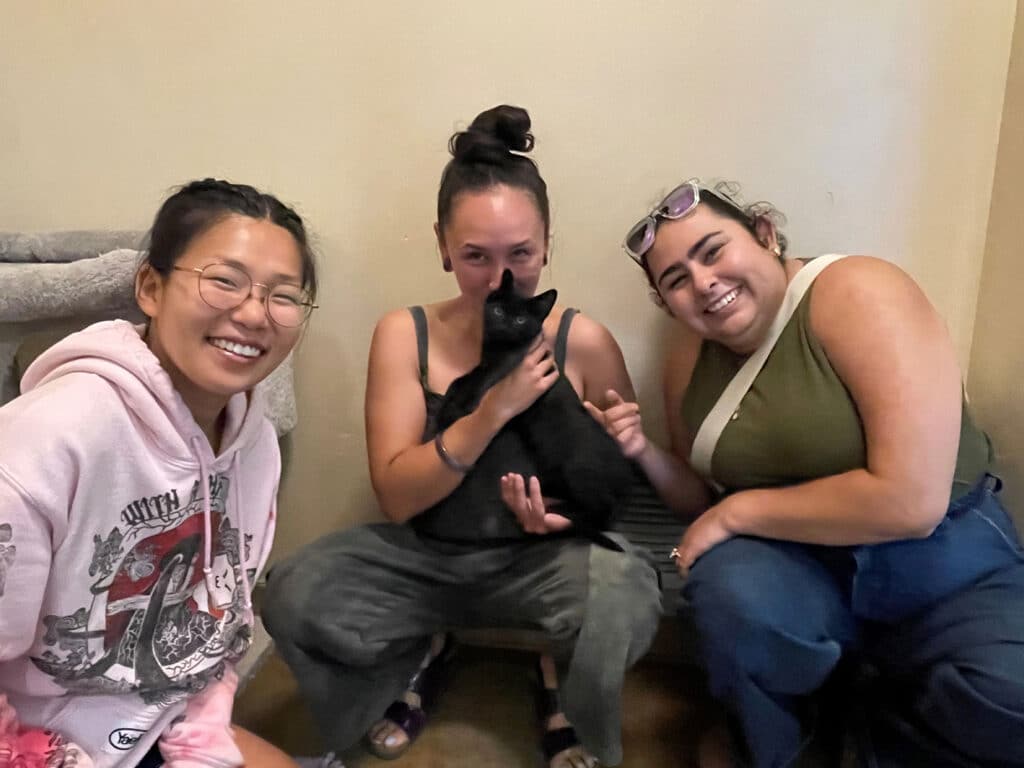 Three women sitting on the floor in a pet adoption center with a black cat. Two women smile while one holds the cat, who is playfully interacting with them. The setting appears warm and inviting, reflecting the theme of Adoptions at Joybound.